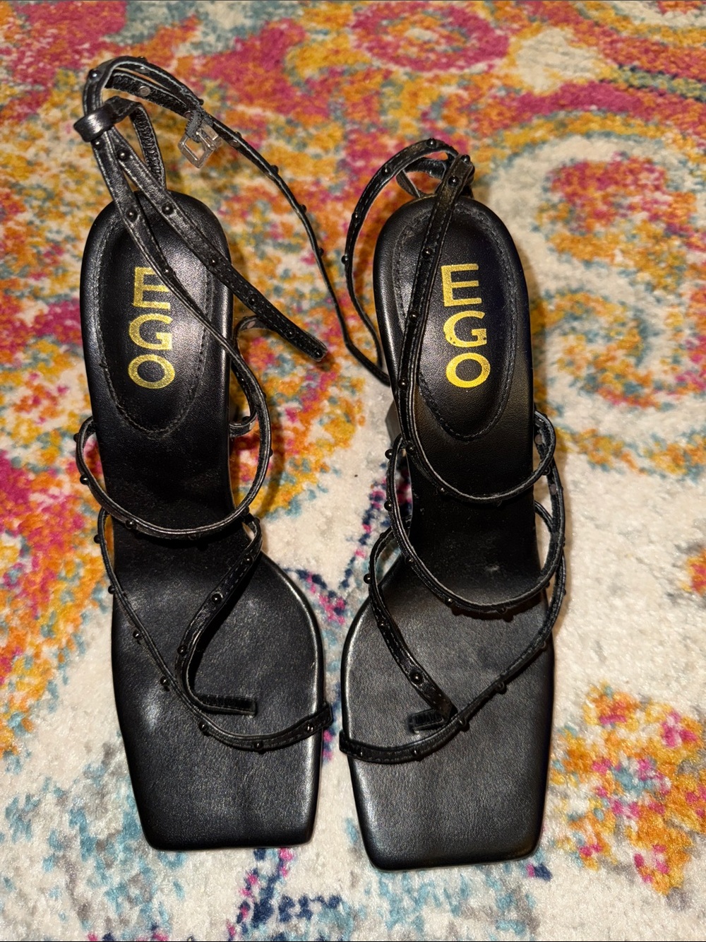 EGO Black Strappy Square-Toe Heeled Sandals
